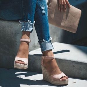 Scalloped suede wedges